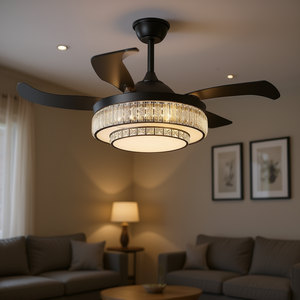 Ventilateur de plafond LED contemporain en cristal, 48 pouces, 4 pales, moteur DC, télécommande, encastré en fer noir - Product Image 2