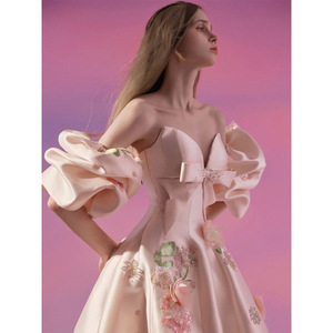 French Style Strapless Wedding Dress Pink Satin Floral Ball Gown Off The Shoulder Train - Product Image 4