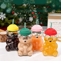Vaso de vidrio de borosilicato alto con forma de oso, tapa con pajita y gorro, botella portátil para bebidas heladas, jugos y agua para niños, ideal para la vuelta al cole.