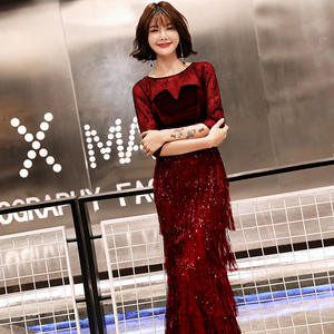 2019 Neueste Glitter Red Abendkleider Pailletten fransen Long <span class=keywords><strong>Prom</strong></span> Party kleid rotes Samt Abendkleid - Product Image 6