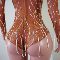 Justaucorps de scène en maille transparente à manches longues, motif flamme, col montant, orné de cristaux ambre nacrés, qualité professionnelle, pour Drag Queen et Showgirl