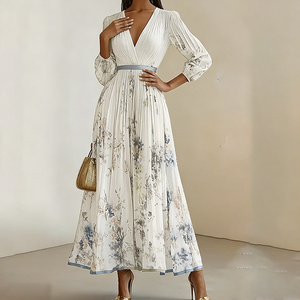 Abito Lungo Elegante <span class=keywords><strong>con</strong></span> Stampa per Donna, Scollo a V Profondo, Maniche Lunghe, <span class=keywords><strong>Gonna</strong></span> <span class=keywords><strong>Plissettata</strong></span> a Trapezio, Vestito Casual <span class=keywords><strong>con</strong></span> Stampa, Spedizione Rapida - Product Image 3