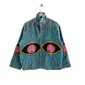Suzani Knitted <b>Velvet</b> Embroidered Lightweight Breathable <b>Jacket</b> Mandarin Collar Full Sleeve Eye Pattern Boho Unisex Autumn Wear - Product Image 1