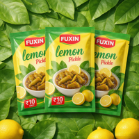 Sachet personnalisé à trois soudures latérales en plastique laminé de qualité alimentaire pour cornichons, citrons, mangues, piments et gongura