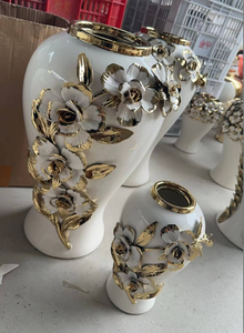 Vasi Alti di Lusso di Alta Qualità Bianchi <span class=keywords><strong>con</strong></span> <span class=keywords><strong>Fiori</strong></span> Dorati, Vaso Ginger Jar per Arredamento Casa - Product Image 3
