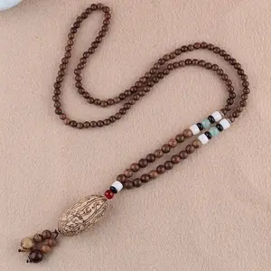 Wholesale Boho Jewelry Men Vintage Nepal Necklace Religion Tribal Wood Beads Jewelry Handmade Long Boho Beaded Necklace Women