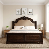 Lit double en chêne massif de style néoclassique américain, 1,8 mètre, avec tête de lit rembourrée en cuir pour chambre principale