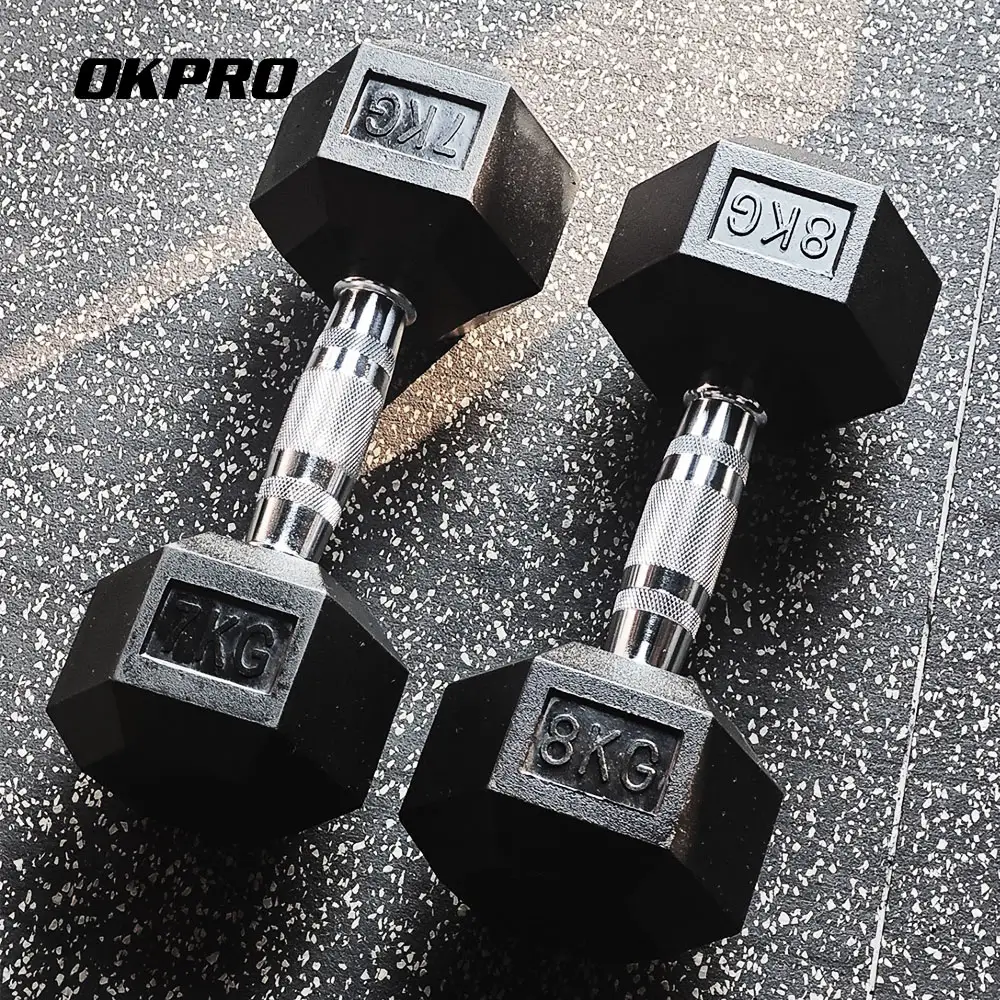 Okpro Fabriek Groothandel Gym Rubber Hexagon Halter Set 1-70Kg Hex Rubber Dumbell Voor Gewichtheffen Kopen Online