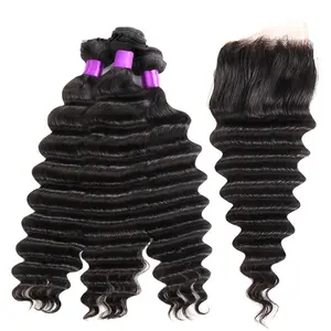 Extensiones de cabello humano brasileño suelto, profundo, rizado y ondulado, 3 mechones con cierre, cutícula virgen