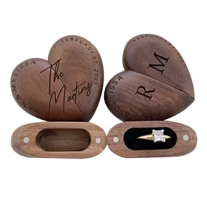 Custom Engraved Wood Heart Ring Box Wooden Wedding Engagement Ring Box Personalized Proposal Walnut