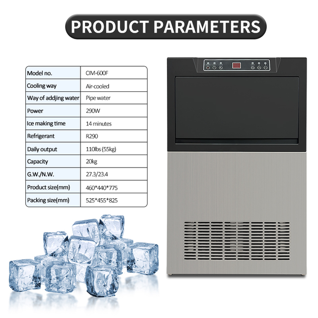220V Electric Commercial Cube Ice Maker 55kg/24H Air Cooled Stainless Steel Touchpad Control Dual Water Input Bar Cafe