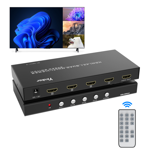 HDMI Multiviewer Switch 4x1, HDMI Quad Multiviewer Switcher 4 in 1 Out, Supports 4 Display Mode 1080@60Hz with IR Remote
