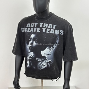 T-shirt court noir délavé à l'acide de haute qualité pour homme, avec épaules tombantes et motif graphique en coton vieilli – Fabricant TOPSHOW - Product Image 1