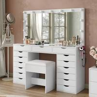 Ensemble de coiffeuse blanche avec miroir LED, plateau en verre trempé, 13 tiroirs, rangement pour maquillage, OEM personnalisé, vente en gros