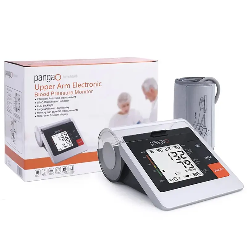 Pangao multifunções equipamentos médicos durável pressão arterial bp monitor digital braço tipo esfigmomanômetro