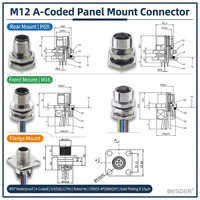 Conector de Montaje en Panel DIN M12 con Código A, 3-12 Pines, IP67, Montaje Frontal/Trasero, PCB/Cable, para Automatización Industrial Aeroespacial, Sensor/Actuador
