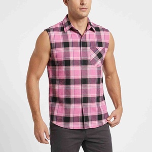Oferta de Verano: Camisa de Franela a Cuadros sin Mangas para Hombre, Cuello con Botones, Casual, Rosa y Negro, 100% Algodón Tejido Transpirable - Product Image 3