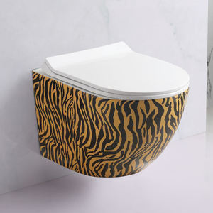 Inodoro de cerámica de dos piezas de lujo moderno con diseño de rayas de cebra, sin borde, montado en la pared, para villas y hoteles, con descarga dual, sifón en P y cisterna oculta - Product Image 3