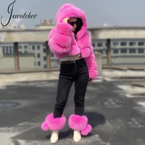 Groothandel Lady Korte Natuurlijke Fox Fur Bomber Jacket Lange Mouwen Luxe Custom Vrouwen Winter Cropped Real Vos Bontjas Met kap