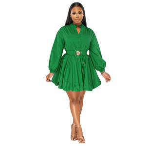 X30825 femme robes nouveautés couleur unie col montant demi Cardigan à manches longues mode décontracté court femmes robes - Product Image 5