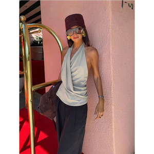 Haut dos nu drapé à <span class=keywords><strong>col</strong></span> licou pour <span class=keywords><strong>femme</strong></span> - Crop <span class=keywords><strong>top</strong></span> élégant sans manches à <span class=keywords><strong>col</strong></span> <span class=keywords><strong>bénitier</strong></span> pour l'été et les vacances - Product Image 1