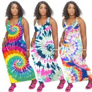 Summer Tie Dye Print Ärmelloses langes Kleid für Frauen Position Grafik Lässig Lose Maxi kleider