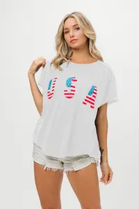 Lovedagear Camisa de lantejoulas para mulheres com logotipo personalizado, blusa patriótica de 4 de julho, verão, dia da independência dos EUA, bordado de terry
