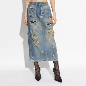 Falda vaquera Midi recta personalizada para mujer, cintura alta, lavado pesado, manchas blancas destruidas, calle bonita para chicas calientes <span class=keywords><strong>de</strong></span> otoño - Product Image 2