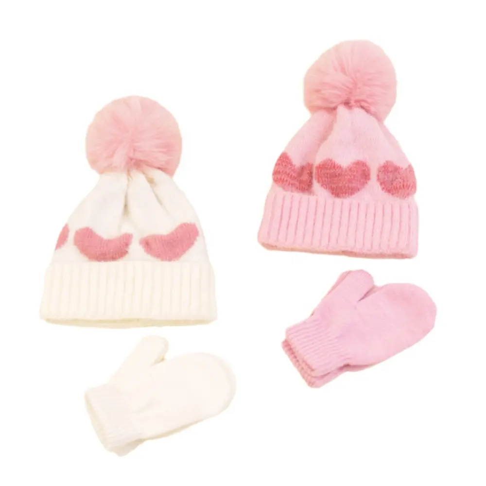 Baby Infant Children Acrylic Heart Jacquard Knit Beanie Hat and Mitten Glove Set