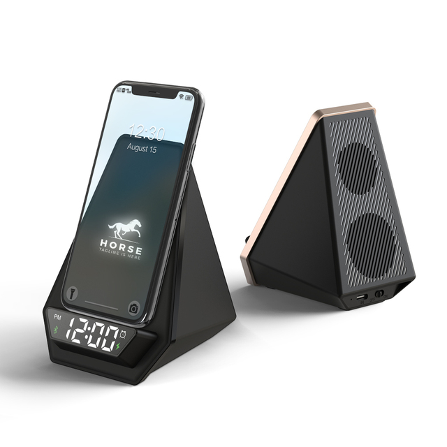 New Technology 2026 Unique Design Multifunction Digital Alarm Clock Blue Tooth Speaker Led With 15W Wireless Charging Speaker