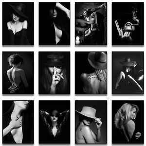 Tableau <span class=keywords><strong>sur</strong></span> toile <span class=keywords><strong>femme</strong></span> nue classique, impression de mode féminine style dessin animé, <span class=keywords><strong>peinture</strong></span> au pistolet noir et blanc, affiche corporelle rectangulaire verticale pour la maison - Product Image 1