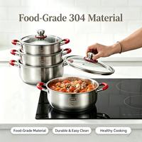 Juego de ollas de acero inoxidable 304 de grado alimenticio de 4 piezas con mango rojo, tapa de vidrio, logotipo protector y acabado cepillado