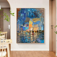 Peinture à l'huile abstraite moderne de paysage marin, faite à la main sur toile texturée, paysage océanique bleu, art mural, décoration intérieure