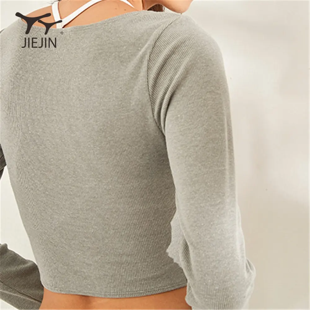 Jiejin Sports Women woman tops fashionable long sleeve workout top black long sleeve crop top