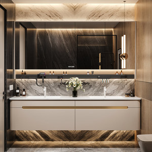 Modern Luxury Stone-Look Seamless Ceramic Double-Sink Smart <b>Mirror</b> Vanity Wall-Mounted Bathroom Cabinet - Product Image 1