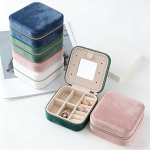 Portable Velvet Jewelry <b>Box</b> with Zipper Closure Square Shape for Jewellery Storage in Pink White Blue Colors - Product Image 2