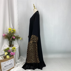 Classic Black Open Abaya With Sequins Mesh Long Sleeve Stunning Abaya Dress Kimono Islamic Clothing 1863# - Product Image 6