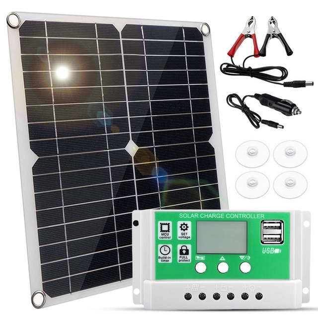 High-Efficiency 20 Watt 12 Volt Monocrystalline Solar Panel Kit 100A PWM Charge Controller Battery Clips for Off-Grid RV Boats