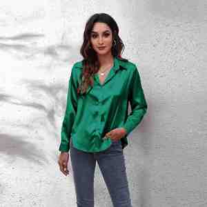 I-0711 Hot Selling Spring Summer Breathable Vintage Casual Woven Satin Tank <b>Top</b> for Women Solid Color Like-Silk Long Sleeve - Product Image 3