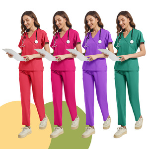 Women <b>Scrub</b> Set V-Neck Short Sleeve Moisture Wicking Knitted Uniform Hospital Workwear Split Set For Medical Beauty Salon - Product Image 2