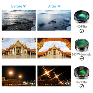 <span class=keywords><strong>Kit</strong></span> d'objectifs externes universels 6-en-1 pour téléphone : Fisheye 205mm, Grand Angle 140mm, Macro 25X, Filtres ND32, CPL et Stellaire Optiques - Product Image 3
