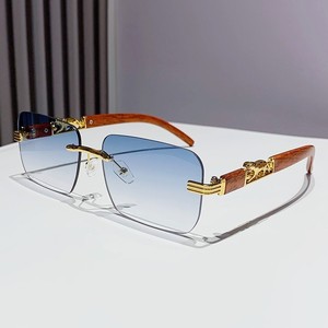 Rimless <b>Gradient</b> <b>Sunglasses</b> Wood Frame Gold Accents Retro Style Unisex UV400 Protection Adult Accessories - Product Image 2