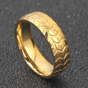 S-Steel 6Mm Gold Tone Geometric Tire <b>Ring</b> Unisex Fashion Jewelry Gift - Product Image 3