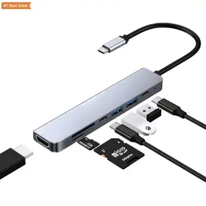 Jumon แท่นเสียบการ์ดอเนกประสงค์4K, เครื่องอ่านการ์ด Micro SD 3.0 USB C อีเทอร์เน็ตเชื่อมต่อธันเดอร์เน็ตฮับ7 in 1 USB Type C