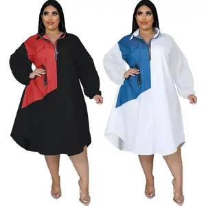 Outono atacado casual plus size solto painel, contraste, lapela, manga curta, zíper, mulheres vestidos