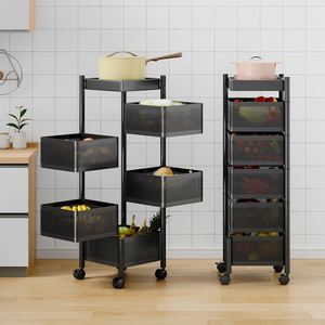 <b>Kitchen</b> Storage Rack No Assembly, Metal Storage <b>Tower</b> Shelves Organizer on Rolling Wheels Rotating Storage Cart with Basket - Product Image 3