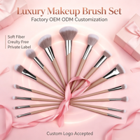 Échantillon rapide OEM ODM, logo personnalisé, 15 pièces, ensemble de pinceaux de maquillage professionnels en fibres synthétiques roses, étiquette privée, avec manche en plastique