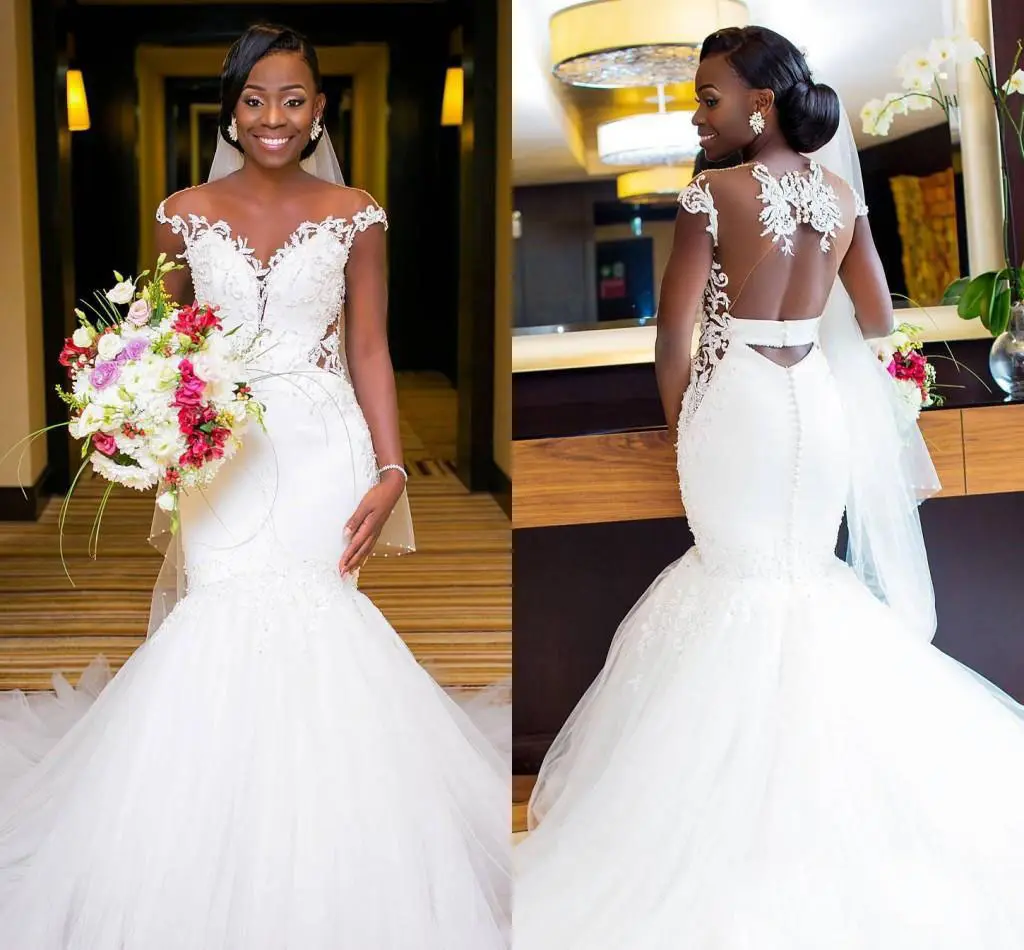 2021 Customize Making African women short Sleeve Wedding Dress Plus size mermaid wedding Bridal Gowns