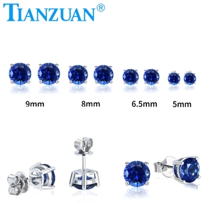 Pendiente de zafiro azul real/azul aciano creado en laboratorio 5-9mm con inclusiones forma redonda S925 pendientes de plata joyería - Product Image 3