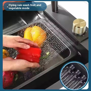 Évier <span class=keywords><strong>de</strong></span> cuisine en acier inoxydable 304 avec cascade <span class=keywords><strong>de</strong></span> pluie, évier poste <span class=keywords><strong>de</strong></span> travail avec robinet extractible, planche à découper et accessoires – Ensemble complet - Product Image 5